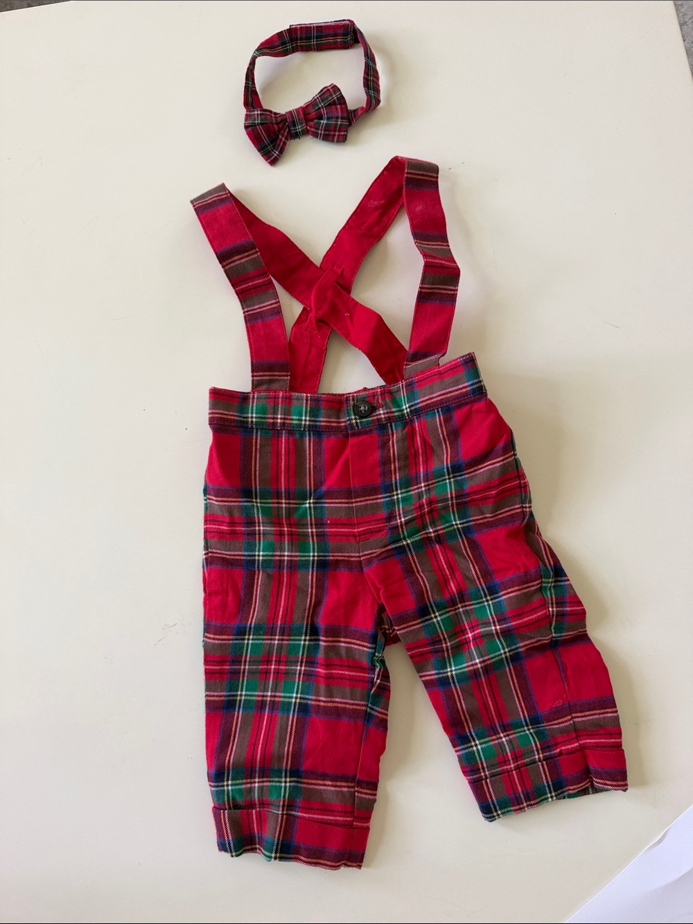 Janie and Jack Red Plaid Suspender Overalls with Bow Tie